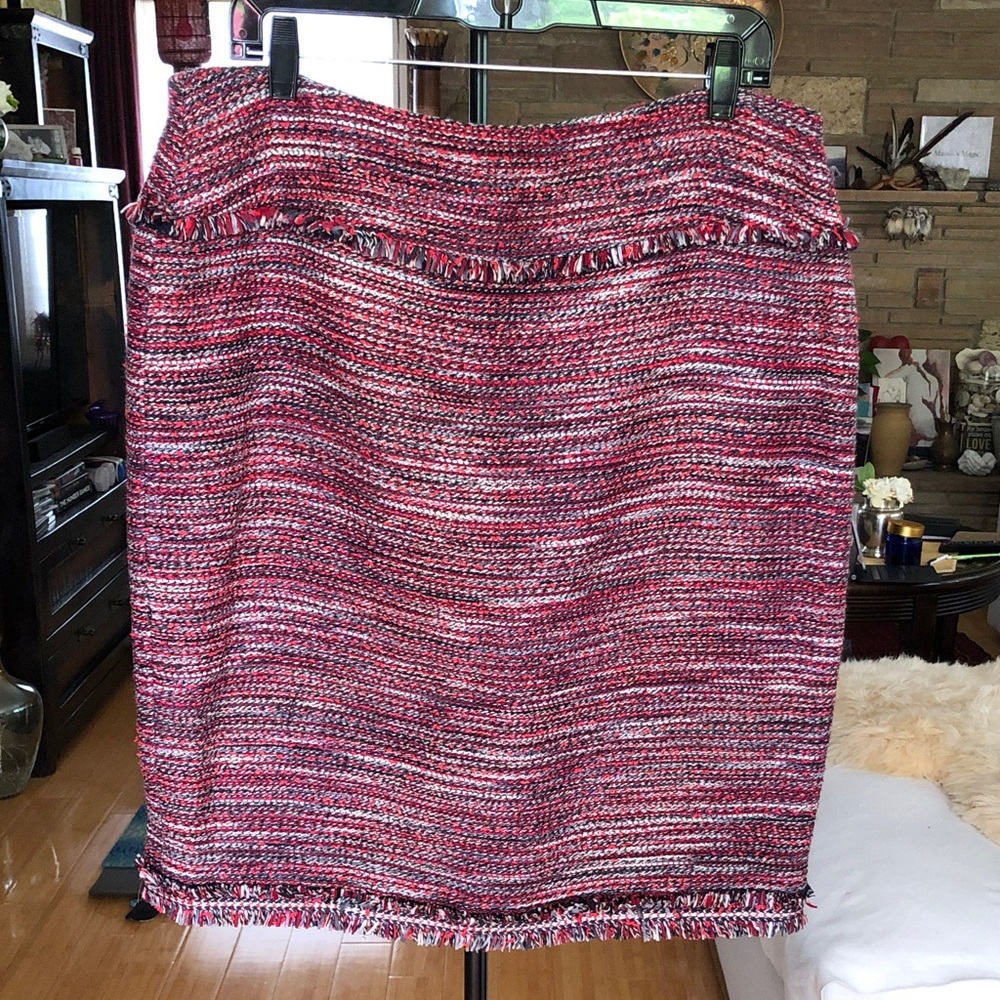 Doncaster Fringed Tweed Pencil Skirt - Red Multi